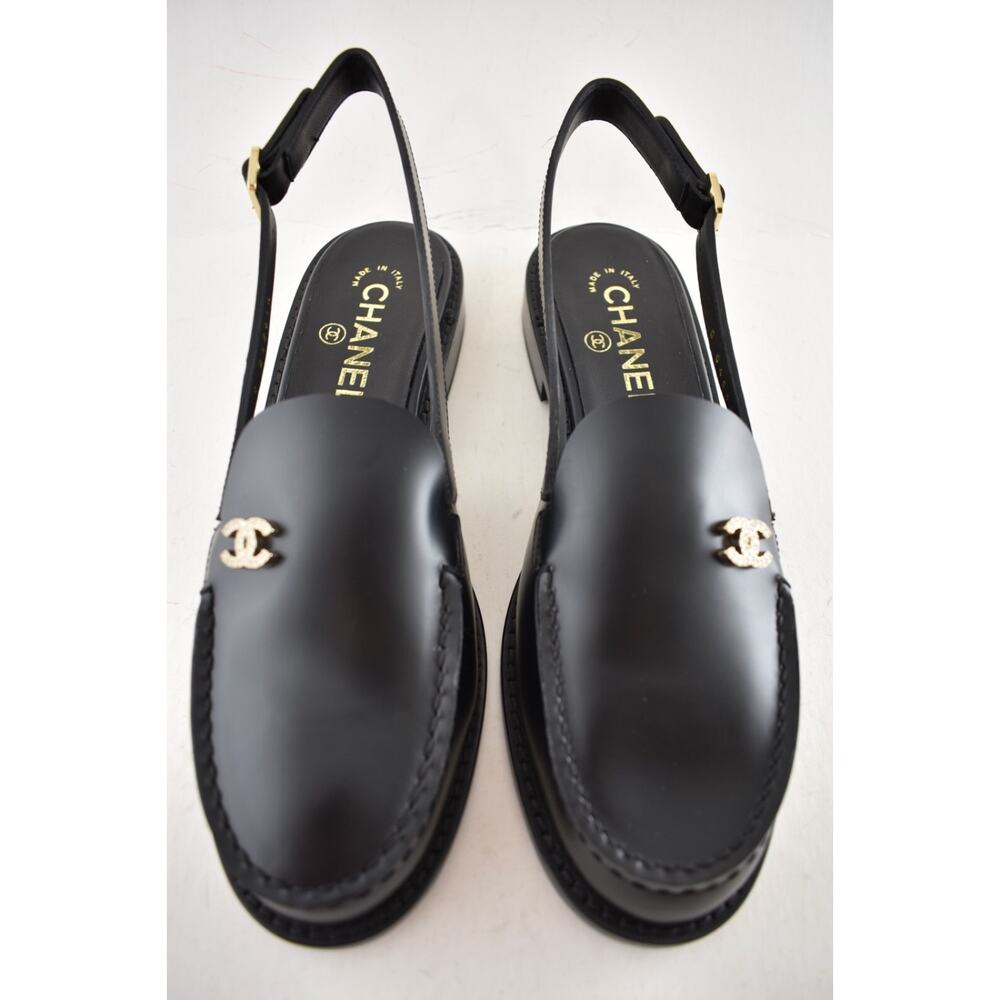 Chanel REV Black Leather CC Crystal Logo Coco Sling Slingback Ballet Flat 40 - Picture 9 of 16